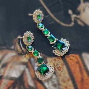 Emerald Green Colored Crystal CZ Dangle Earrings for Her Vintage Drop Earrings